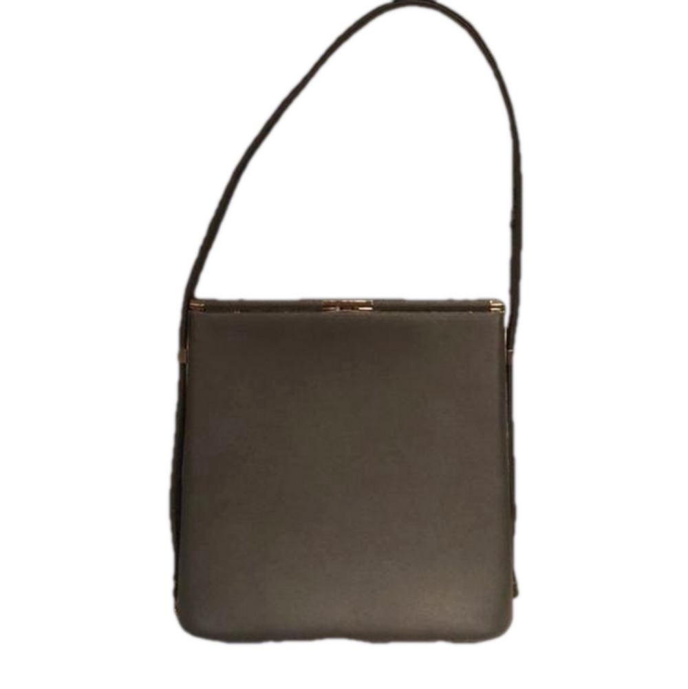 Grey structured shoulder bag with gold accents adjustable straps